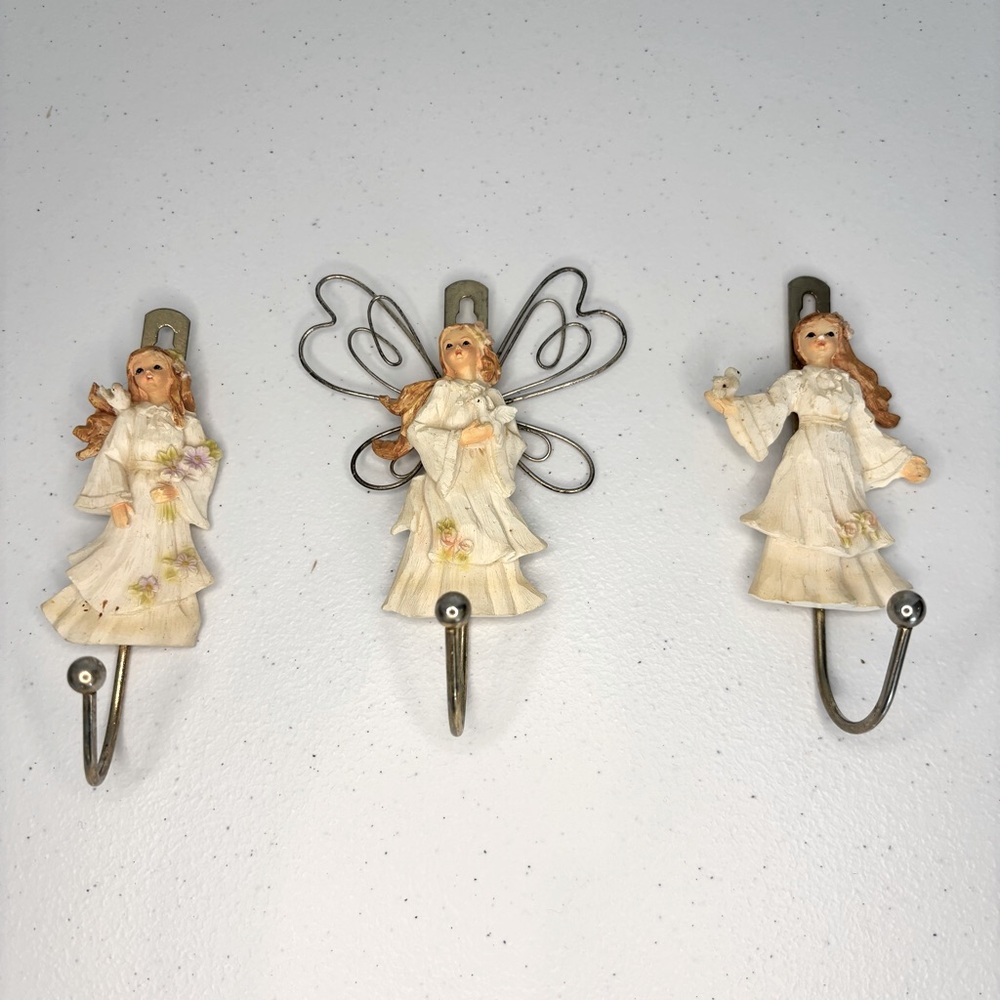 Angel Wall Hook Set - Cream and Silver SET OF THREE wall decor hanging hooks